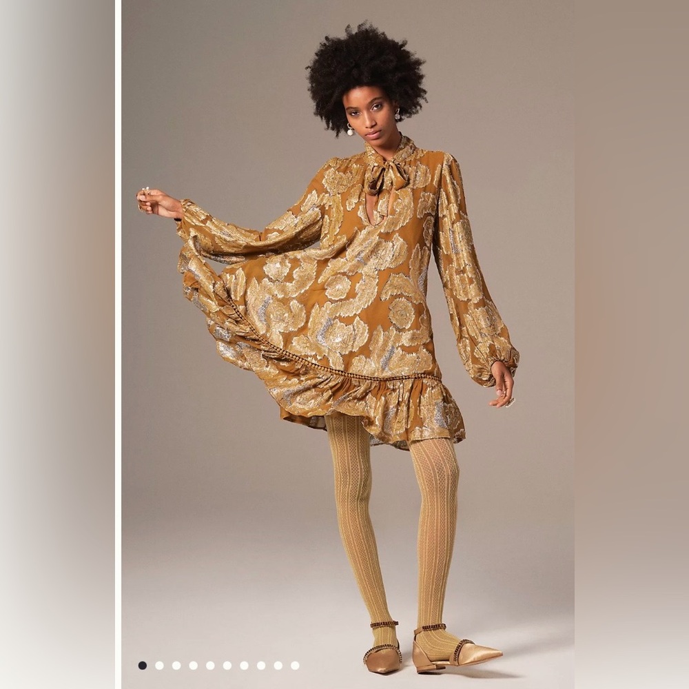 Maeve Anthropologie Metallic Floral Tunic Dress | Gold Mustard Boho | Size L NWT